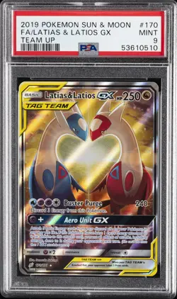 2019 POKEMON SUN & MOON TEAM UP #170 FULL ART/LATIAS & LATIOS GX PSA 9 - Image 1