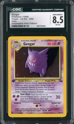 1999 Pokemon Fossil 1st Edition Gengar Incomplete Holo Pattern Error #5 CGC 8.5 - Image 1