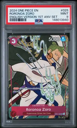 2024 ONE PIECE ENGLISH VERSION 1ST ANNIVERSARY SET #025 RORONOA ZORO PSA 9 - Image 1