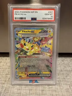 2024 Pokemon SSP EN Surging Sparks Pikachu EX #057 PSA 10 GEM MT TCG - Image 1