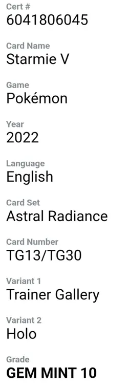 2022 Pokemon Astral Radiance Trainer Gallery Starmie V #TG13/TG30 Holo CGC 10 - Image 2