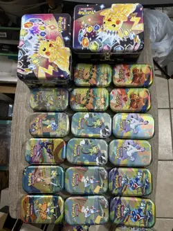 Pokemon 2 Pikachu Lunchbox’s + 17 Tins Empty Lot Bundle Storage Collection New - Image 1