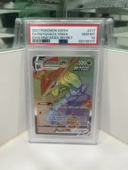 Rayquaza Vmax PSA 10 Rainbow Rare Evolving Skies 217/203 Secret Pokemon Card FA - Image 1