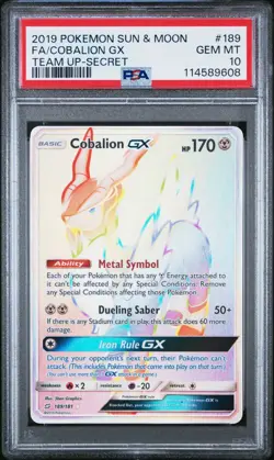 2019 Pokemon Sun Moon Team Up Cobalion GX FA Rainbow Secret Rare #189/181 PSA 10 - Image 1