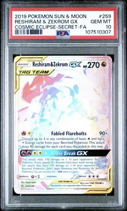 PSA 10 Reshiram & Zekrom GX Rainbow Full Art 259/236 Cosmic Eclipse Pokemon - Image 1
