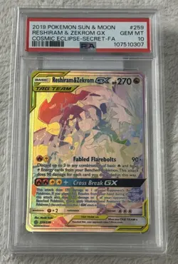 PSA 10 Reshiram & Zekrom GX Rainbow Full Art 259/236 Cosmic Eclipse Pokemon - Image 3