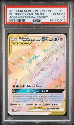 PSA 10 MOLTRES ZAPDOS & ARTICUNO GX 69 HIDDEN FATES RAINBOW SUN & MOON POKEMON - Image 1