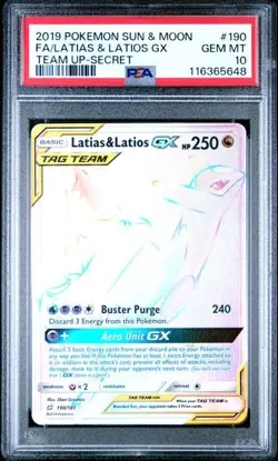 PSA 10 LATIAS & LATIOS GX 190 TEAM UP SECRET RAINBOW RARE SUN & MOON POKEMON - Image 1