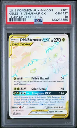 2019 POKEMON SUN & MOON TEAM UP SECRET #182 FULL ART/CELEBI & VENUSAUR GX PSA 10 - Image 1