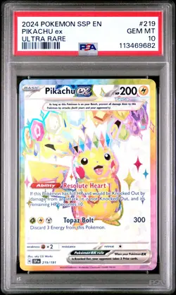 2024 POKEMON SSP EN-SURGING SPARKS ULTRA RARE #219 PIKACHU EX PSA 10 - Image 1