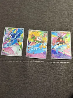 Pokemon Full Art Starter Set Popplio Rowlet Litten Pikachu Stamp NM 3 Card Lot - Image 1