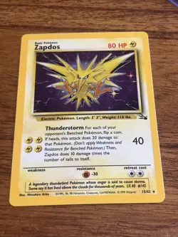 1999 Pokemon TCG Zapdos Holo Rare Card 15/62 Fossil Base Set - NM - Image 1