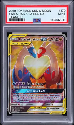 2019 POKEMON SUN & MOON TEAM UP #170 FULL ART/LATIAS & LATIOS GX PSA 9 - Image 1