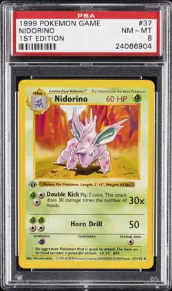 1999 POKEMON BASE SET 1ST EDITION #37 NIDORINO PSA 8 - Image 1