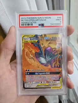 PSA 9 2019 POKEMON SUN & MOON HIDDEN FATES #44 MOLTRES & ZAPDOS & ARTICUNO GX! - Image 1