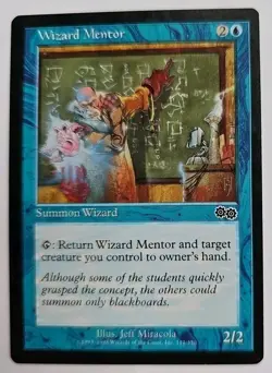 MTG Magic The Gathering Card Wizard Mentor Summon Wizard Blue Urza's Saga - Image 1