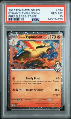 2025 POKEMON DRI EN-DESTINED RIVALS PRERELEASE-STAFF ETHAN'S TYPHLOSION PSA 10 - Image 1