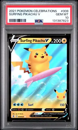 2021 POKEMON CELEBRATIONS #008 SURFING PIKACHU V PSA 10 - Image 1