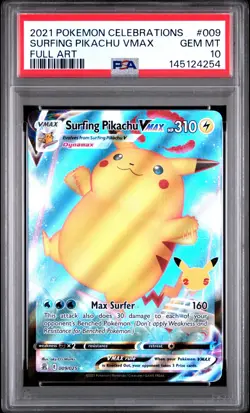 2021 POKEMON CELEBRATIONS #009 FULL ART/SURFING PIKACHU VMAX PSA 10 - Image 1