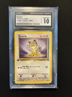CGC 10 GEM MINT Meowth 1999 Jungle 1st Edition 56/64 Pokemon Card - Image 1
