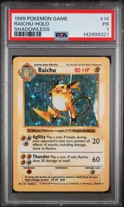 1999 POKEMON BASE SET SHADOWLESS #14 RAICHU-HOLO PSA 1 - Image 1