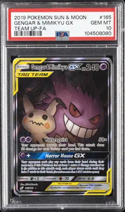2019 POKEMON SUN & MOON TEAM UP #165 FULL ART/GENGAR & MIMIKYU GX PSA 10 - Image 1