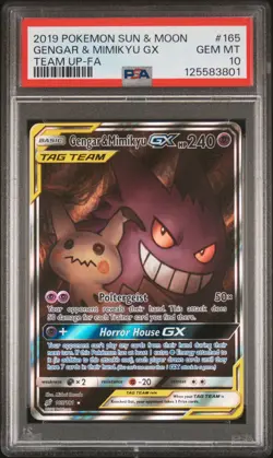 2019 POKEMON SUN & MOON TEAM UP #165 FULL ART/GENGAR & MIMIKYU GX PSA 10 - Image 1