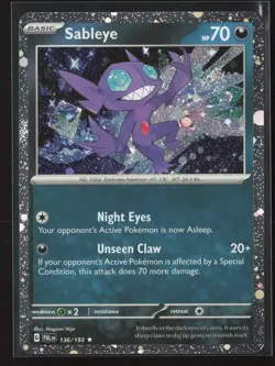 Sableye Rare SV02: Paldea Evolved 136/193 NM Pokemon Card Holo - Image 1