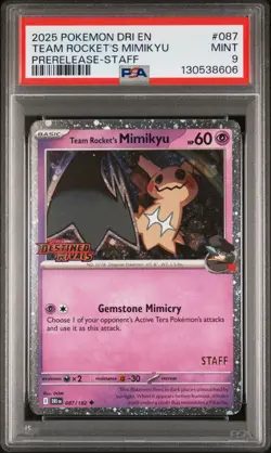 2025 POKEMON DRI EN-DESTINED RIVALS PRERELEASE-STAFF TEAM ROCKET'S MIMIKYU PSA 9 - Image 1
