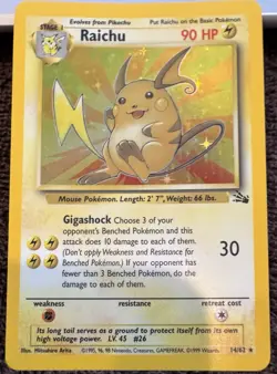 Pokemon Raichu Fossil Holo Rare 14/62 English 1999 90HP Stage 1 30 Attack - Image 1
