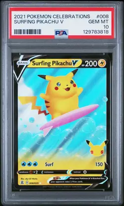 2021 POKEMON CELEBRATIONS #008 SURFING PIKACHU V PSA 10 - Image 1