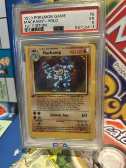 Pokemon Machamp Base Set 1st Edition #8 PSA 5 Miscut Error Minor Holo Shift - Image 1
