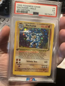 Pokemon Machamp Base Set 1st Edition #8 PSA 5 Miscut Error Minor Holo Shift - Image 3