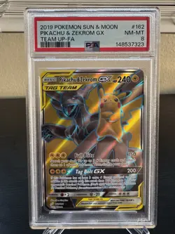 2019 POKEMON SUN & MOON TEAM UP #162 FULL ART/PIKACHU & ZEKROM GX PSA 8 - Image 1