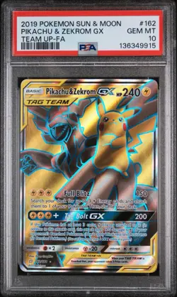 2019 POKEMON SUN & MOON TEAM UP #162 FULL ART/PIKACHU & ZEKROM GX PSA 10 - Image 1