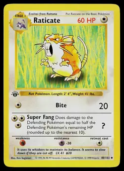 Pokemon Card - Raticate Base Set (Shadowless) 40/102 Uncommon 1st Edition - Image 1