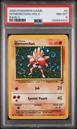 2000 POKEMON BASE SET 2 #8 HITMONCHAN-HOLO PSA 8 - Image 1