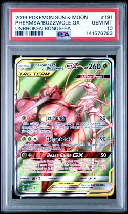 2019 POKEMON SUN & MOON UNBROKEN BONDS FULL ART/PHEROMOSA & BUZZWOLE GX PSA 10 - Image 1