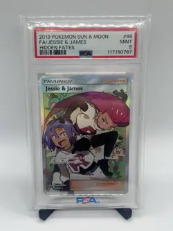 Jesse & James Pokemon TCG Full Art Trainer PSA 9 Sun And Moon Hidden Fates 68/68 - Image 1