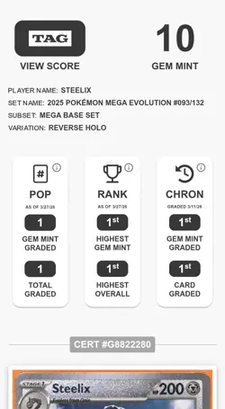 2025 Pokemon Steelix 93/132 Mega Evolution REVERSE HOLO -TAG 10 GEM MINT POP 1! - Image 3