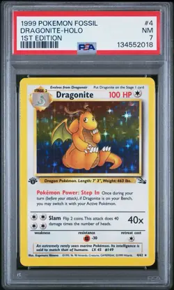 1999 Pokemon Fossil 1st Edition Dragonite #4/62 Holo PSA 7 NM - Image 1