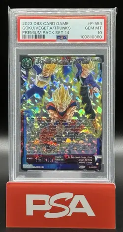 2023 DBS CARD GAME #P-553 SS SON GOKU & SS VEGETA & SS TRUNKS, UNITED PSA 10 - Image 1