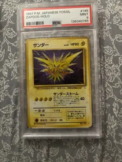 1997 P.M. Pokemon Zapdos Holo Rare Fossil WOTC, Fresh PSA 9 - Image 1