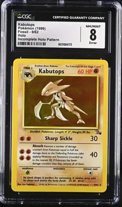 CGC 8 Kabutops 1999 Fossil 9/62 Holo ERROR INCOMPLETE HOLO Pokemon Card - Image 1