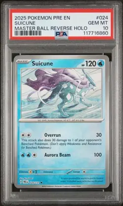 2025 POKEMON PRISMATIC EVOLUTIONS 024/131 SUICUNE MASTER BALL REV HOLO PSA 10 - Image 1