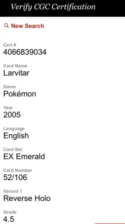 Larvitar Pokemon (2005) EX Emerald 52/106 Reverse Holo CGC 4.5 VG/EX+ - Image 2