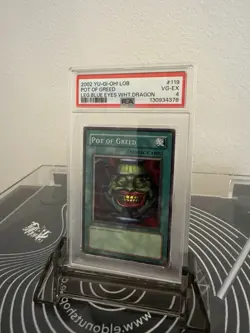 2002 YU-GI-OH! LOB-LEGEND OF BLUE EYES WHITE DRAGON #119 POT OF GREED PSA 4 - Image 1