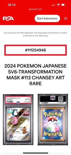 Chansey 113/101 AR Japanese Pokemon Mask of Change PSA 10 - Image 2