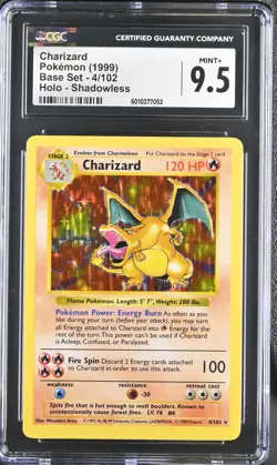 CGC 9.5 MINT+ Charizard 1999 Base Set 4/102 Holo Shadowless Pokemon Card - Image 1