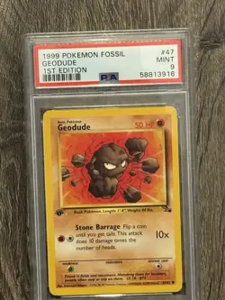 Pokemon Geodude 1999 Fossil 1st Edition Collectible Card Slab, PSA 9 - Image 1